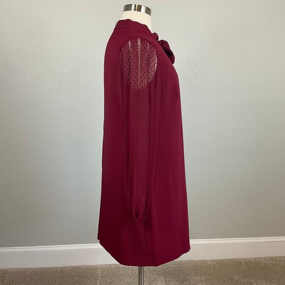 Vince Camuto Long Sleeve Mini Shift High Tie Neck Size 14W Bordeaux Red Holiday - Picture 3 of 13